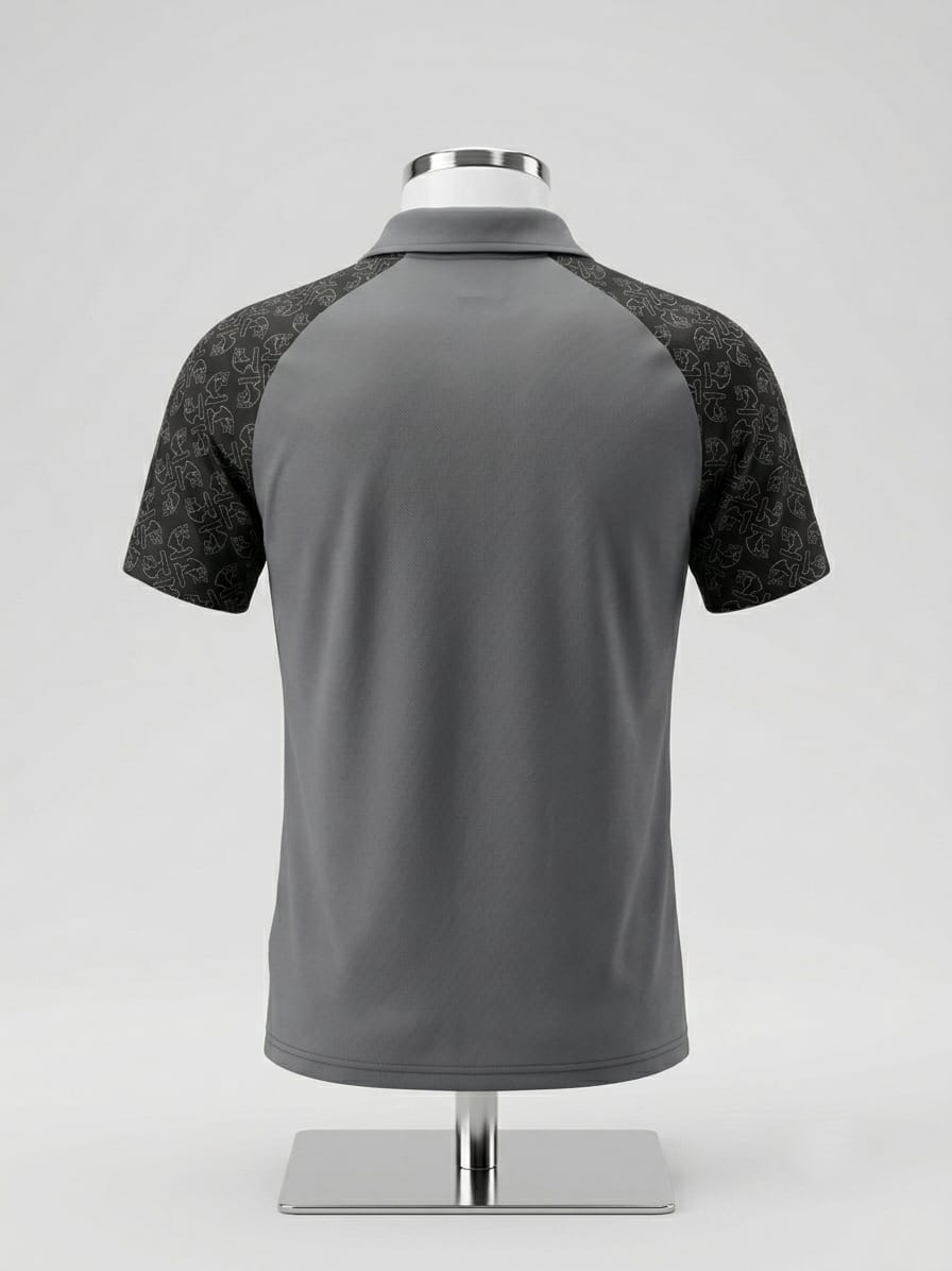Polo Shirt – Gray with Black Pattern Sleeves